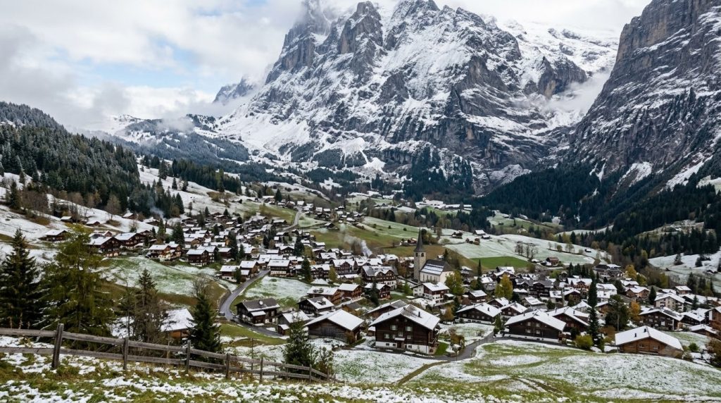 Village of Grindelwald framed by the Eiger peak, Swiss Alps