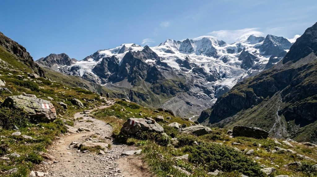 Hiking trail leading toward a glacier-capped ridge in the Swiss Alps
