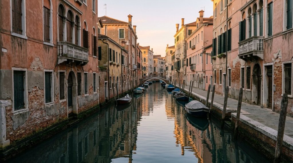 Quiet narrow canal reflecting old buildings in Venice at sunrise