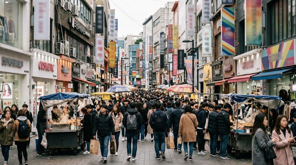 A bustling pedestrian shopping street lined with storefronts in Myeongdong, Seoul