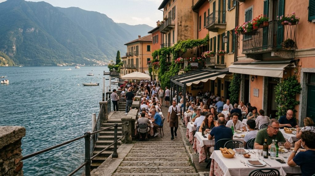 Lakeside restaurant tables along the promenade in Varenna, Italy