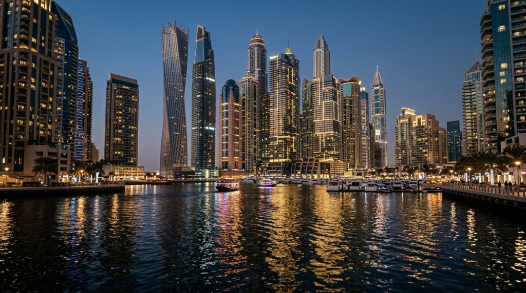 Illuminated Dubai Marina skyline reflected in the water at night