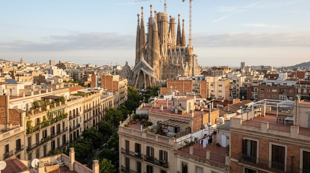 Spires of the Sagrada Familia rising above rooftops in Barcelona
