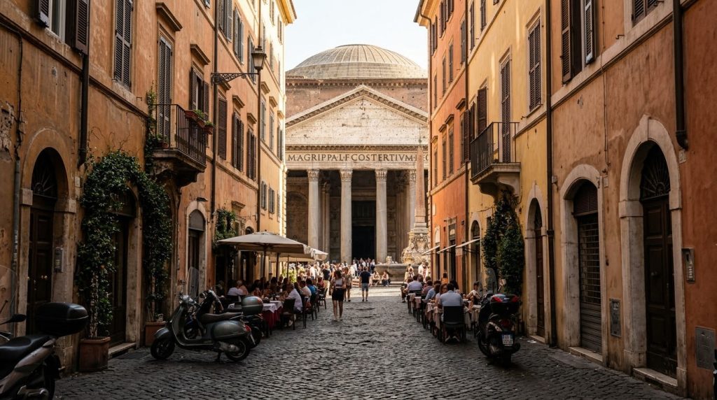 Cobblestone street opening onto the Pantheon in central Rome