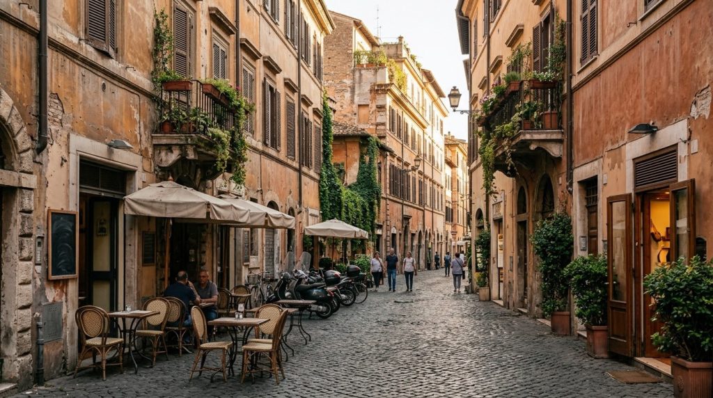 Quiet cobblestone street with shops in the Monti district, Rome