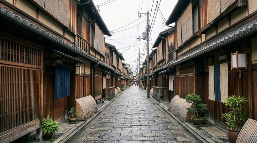 Traditional wooden machiya houses in the Gion district of Kyoto