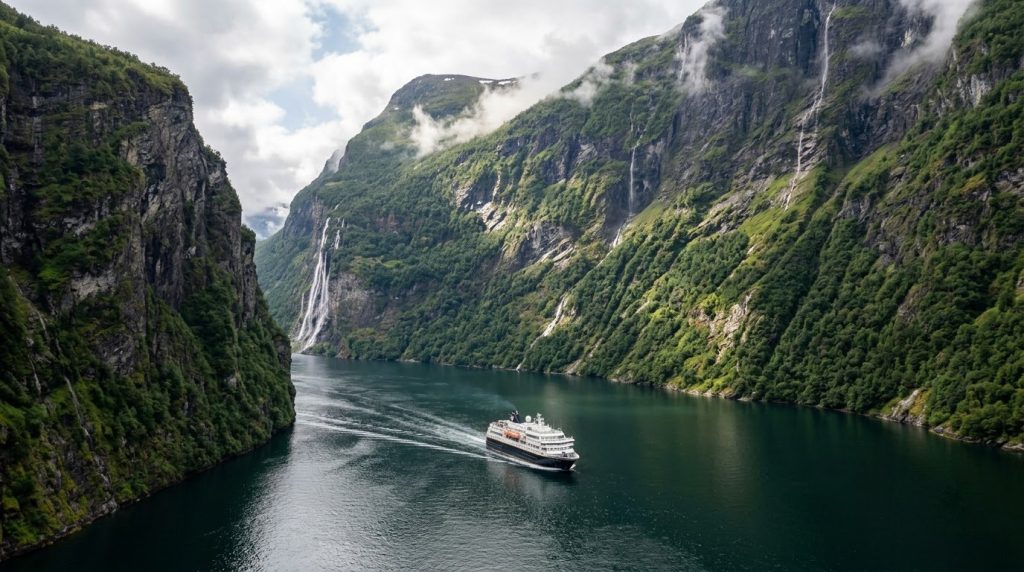 Small cruise ship sailing past cliffs on Geirangerfjord, Norway