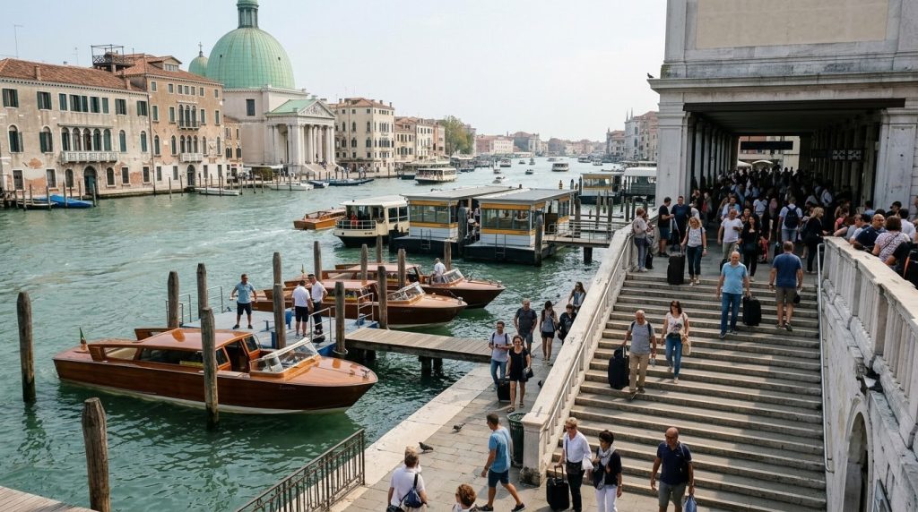 Canal-front steps of Santa Lucia station with water taxis, Venice
