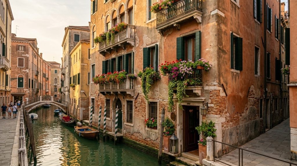 Small canal-side hotel with flower balconies in Venice, Italy