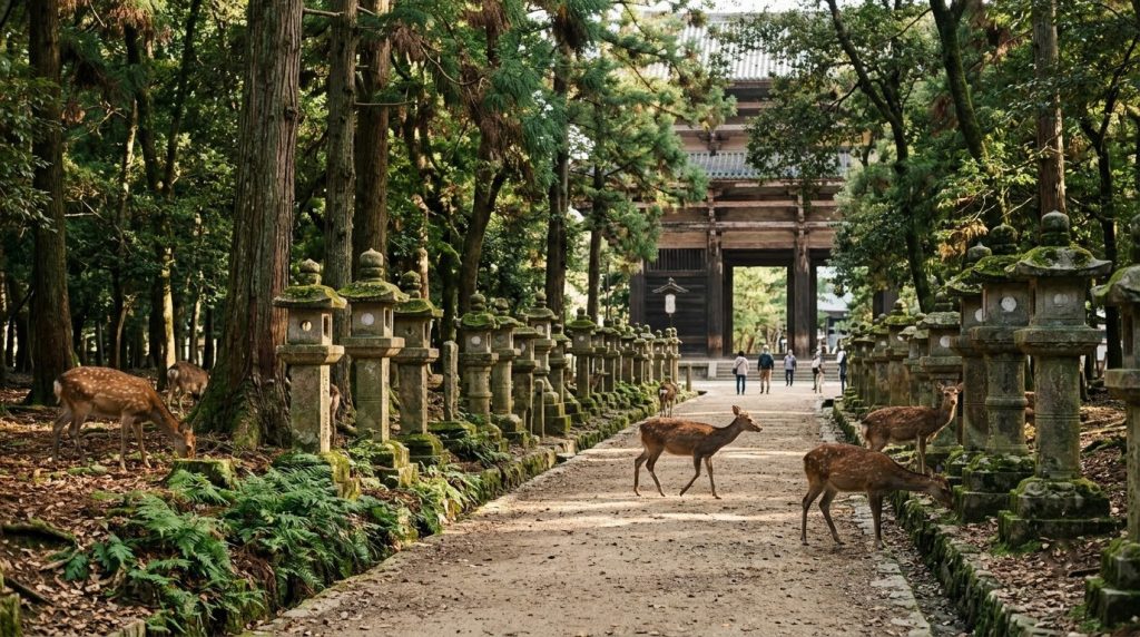 Deer roaming near Todai-ji Temple at Nara Park, Japan