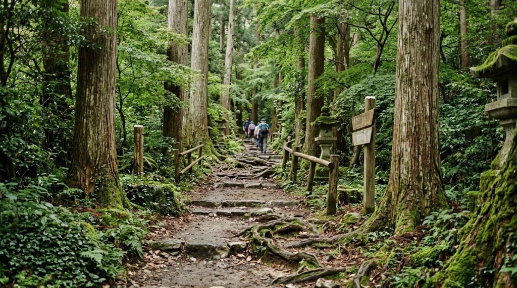 Forested mountain trail linking Kurama and Kibune near Kyoto