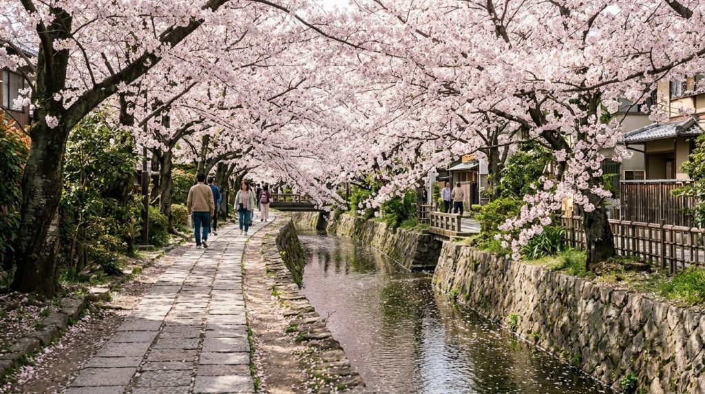 Cherry blossoms along the Philosopher's Path canal in Kyoto