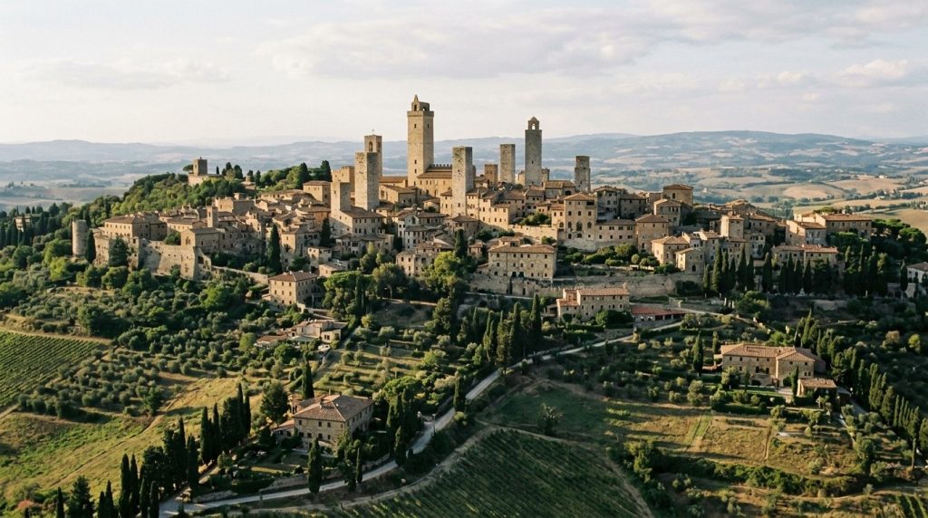 Medieval towers above the hilltop town of San Gimignano, Tuscany
