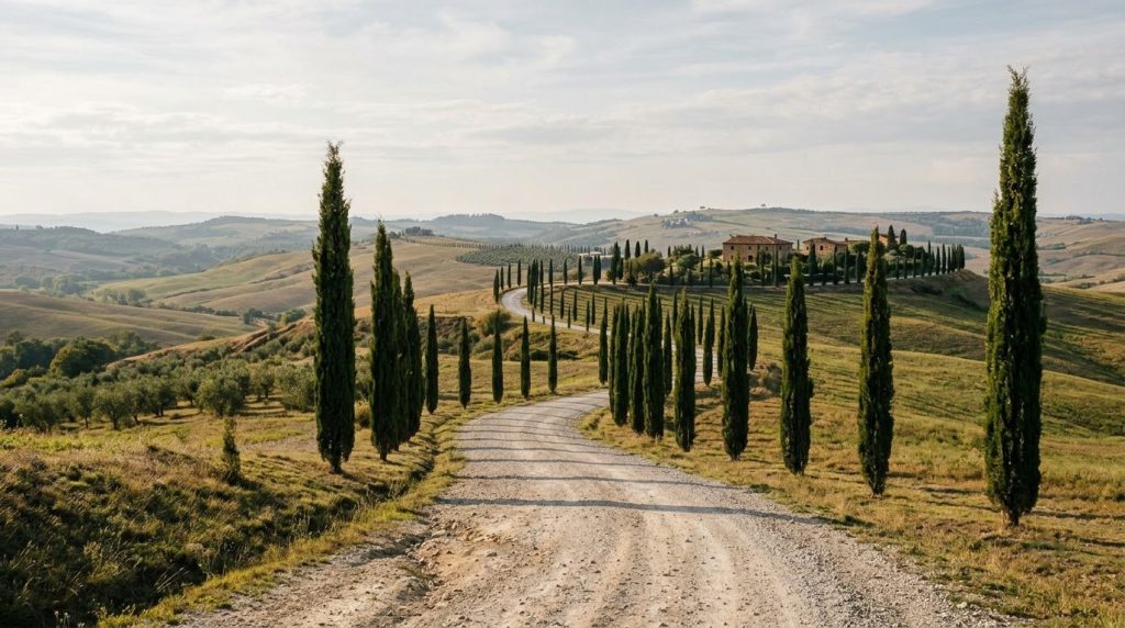 Cypress-lined gravel road winding through the Tuscan hills
