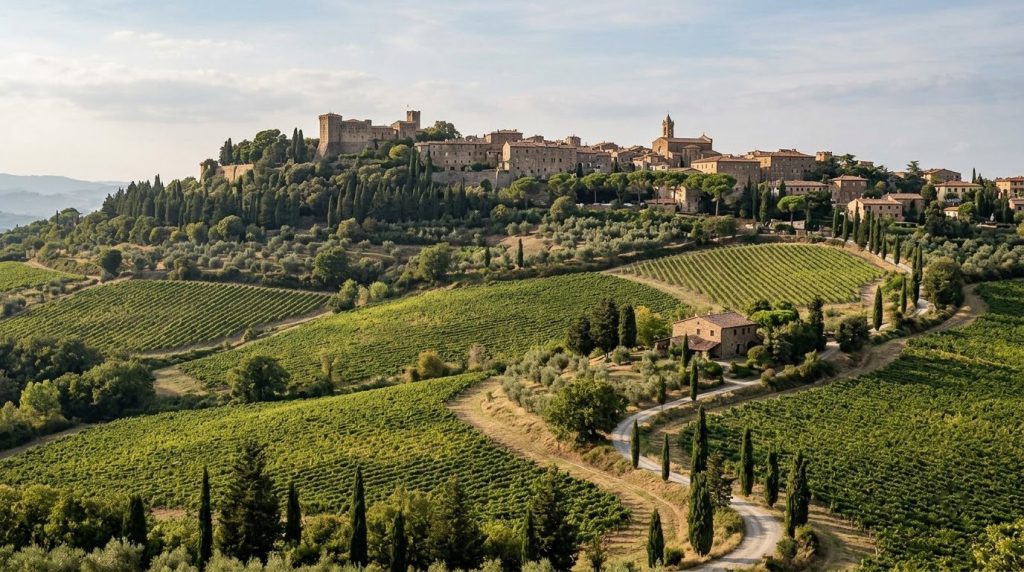 Rolling vineyards beneath the hilltop town of Montalcino, Tuscany