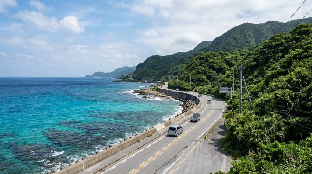 Coastal highway along turquoise water on Okinawa's main island