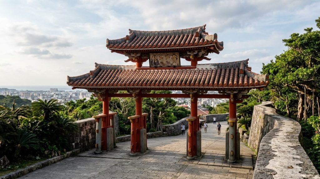 Vermillion gate of Shuri Castle above Naha, Okinawa, Japan