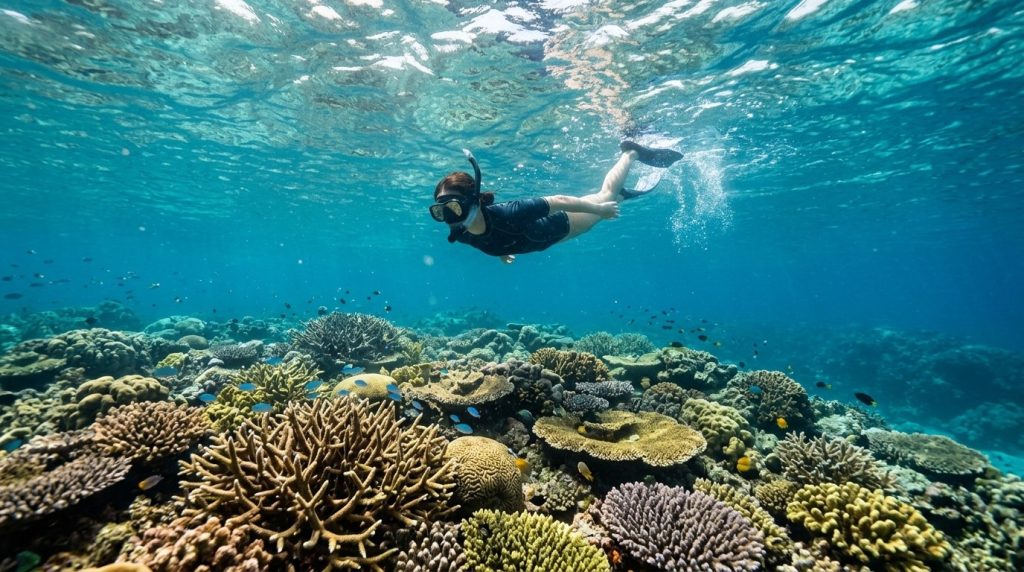 Snorkeler above a coral reef in the waters off Okinawa, Japan