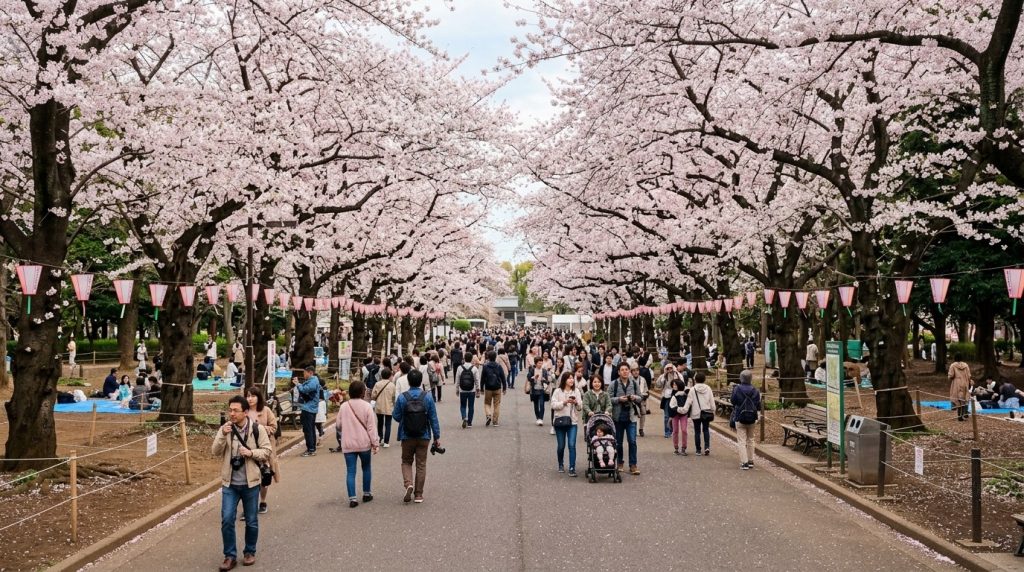 Cherry blossom trees lining a path in Ueno Park, Tokyo