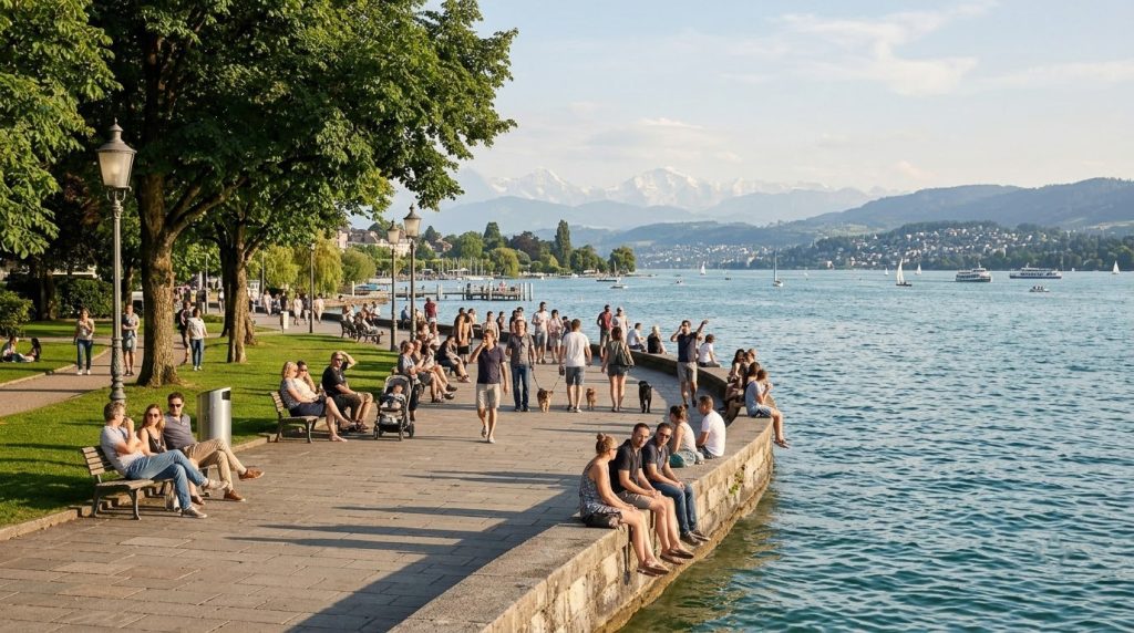 Lakeside promenade at Lake Zurich with the Alps in the distance