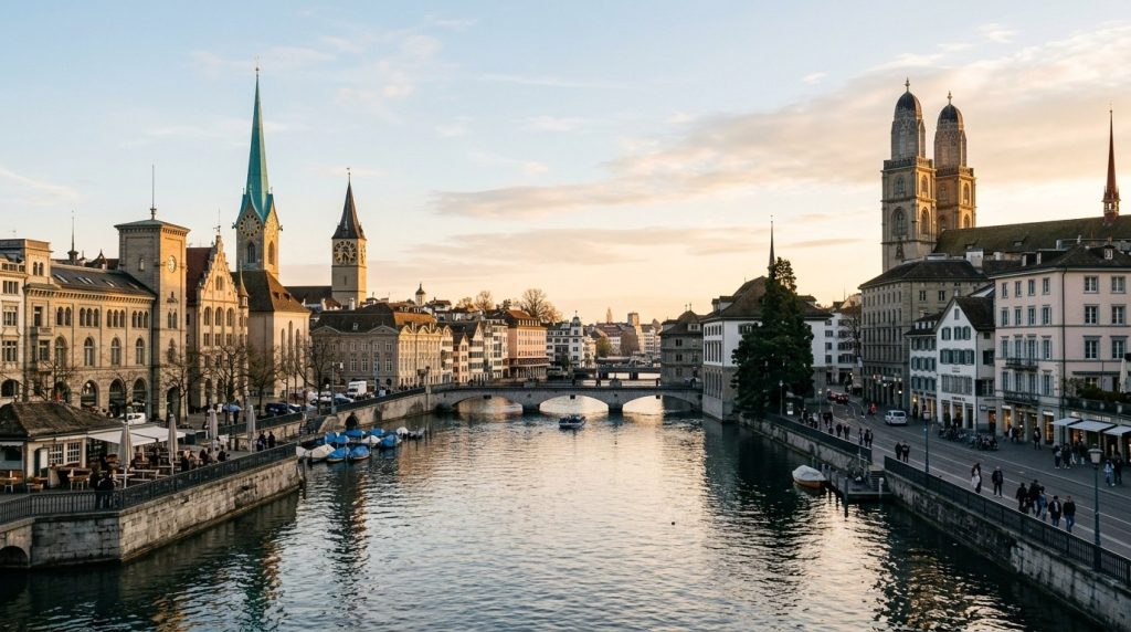 Limmat River flowing past the old town spires of Zurich