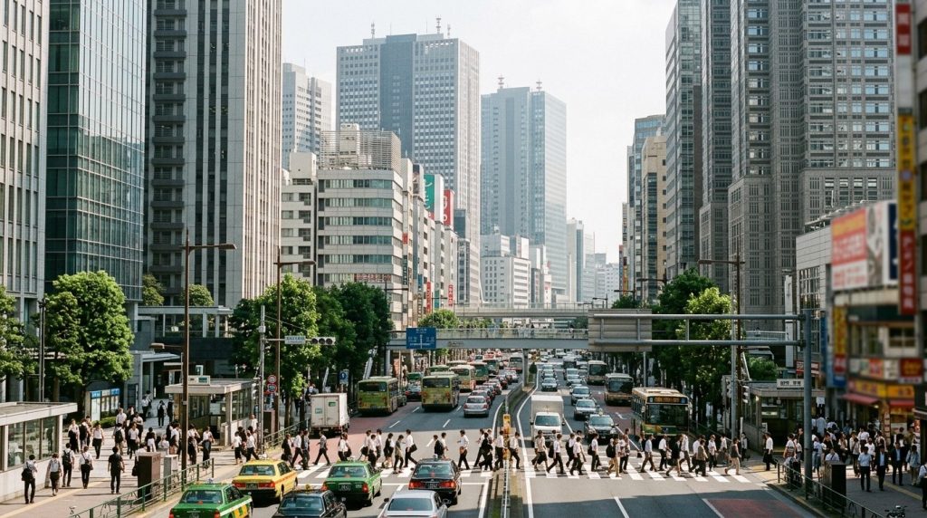 Skyscrapers of the Shinjuku district above a busy Tokyo street