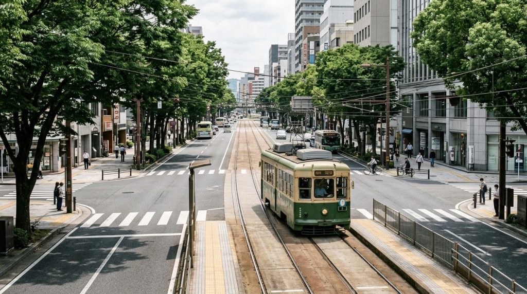 Streetcar running along a tree-lined avenue in downtown Hiroshima