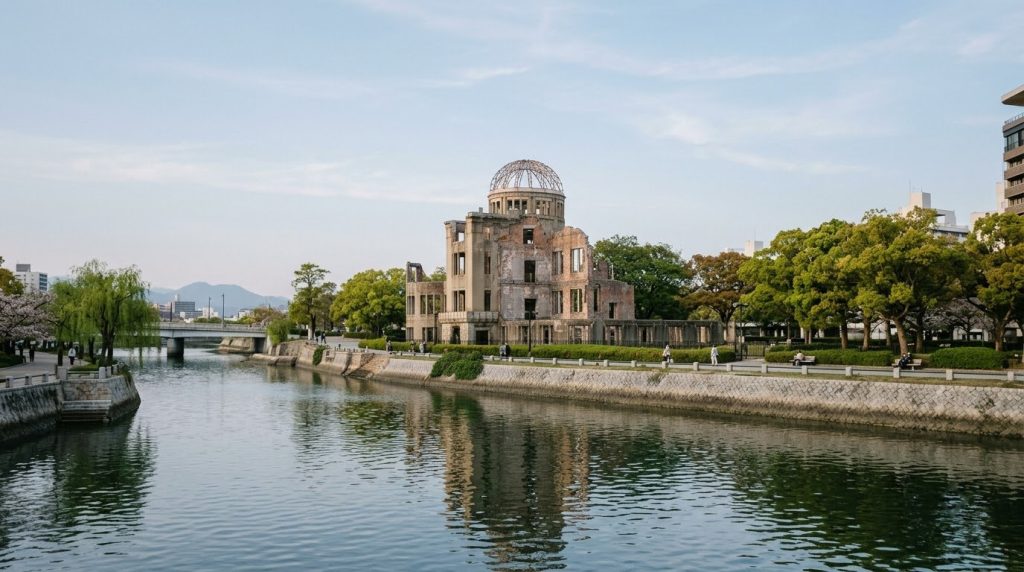 Hiroshima Peace Memorial dome standing beside the river