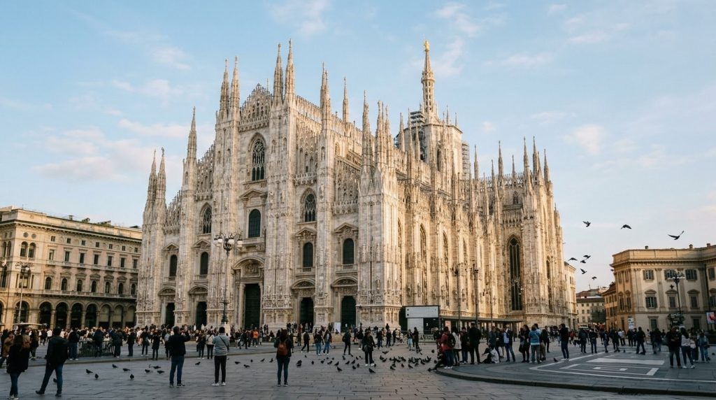 White marble spires of Milan's Duomo cathedral above the piazza