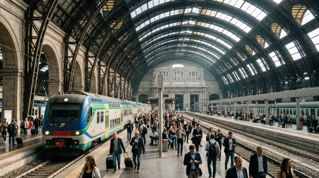 Regional train arriving at Milano Centrale railway station, Italy