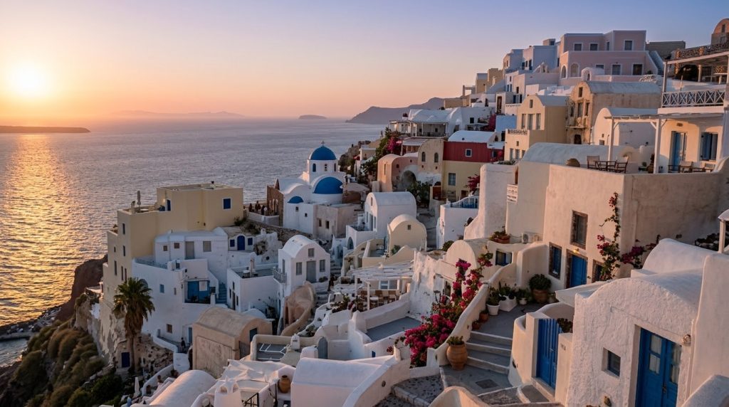 Whitewashed Cycladic houses overlooking the Aegean Sea at sunset