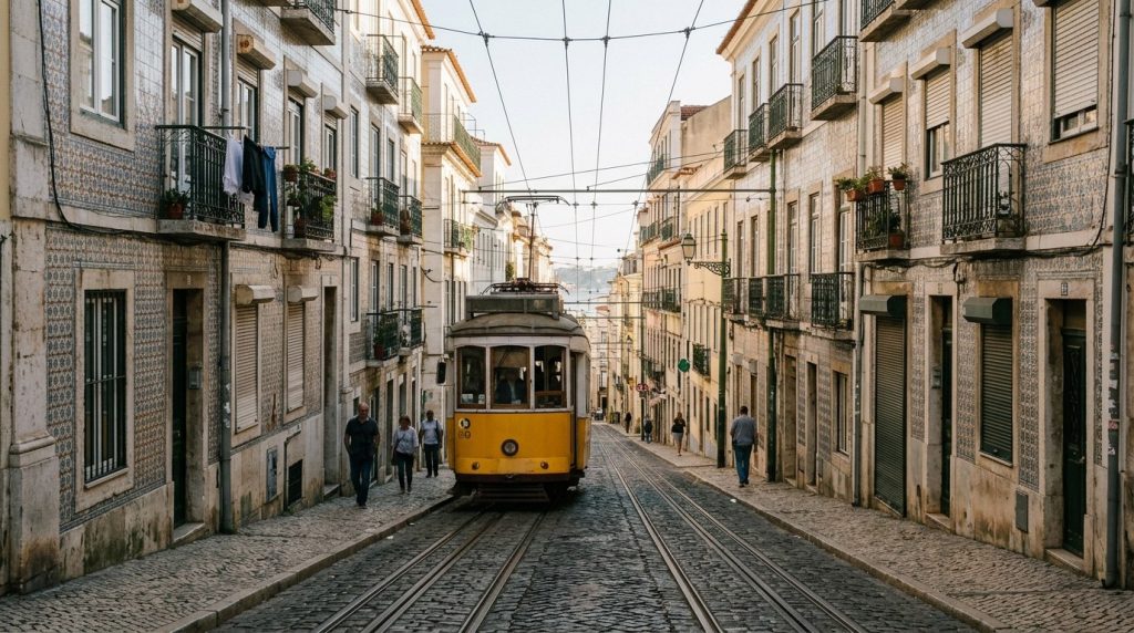 Yellow tram climbing a hill past tiled buildings in Lisbon