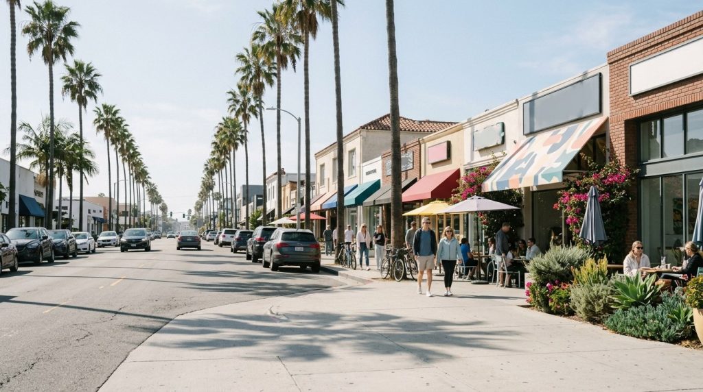 Calm palm-lined street with shops in Santa Monica, Los Angeles