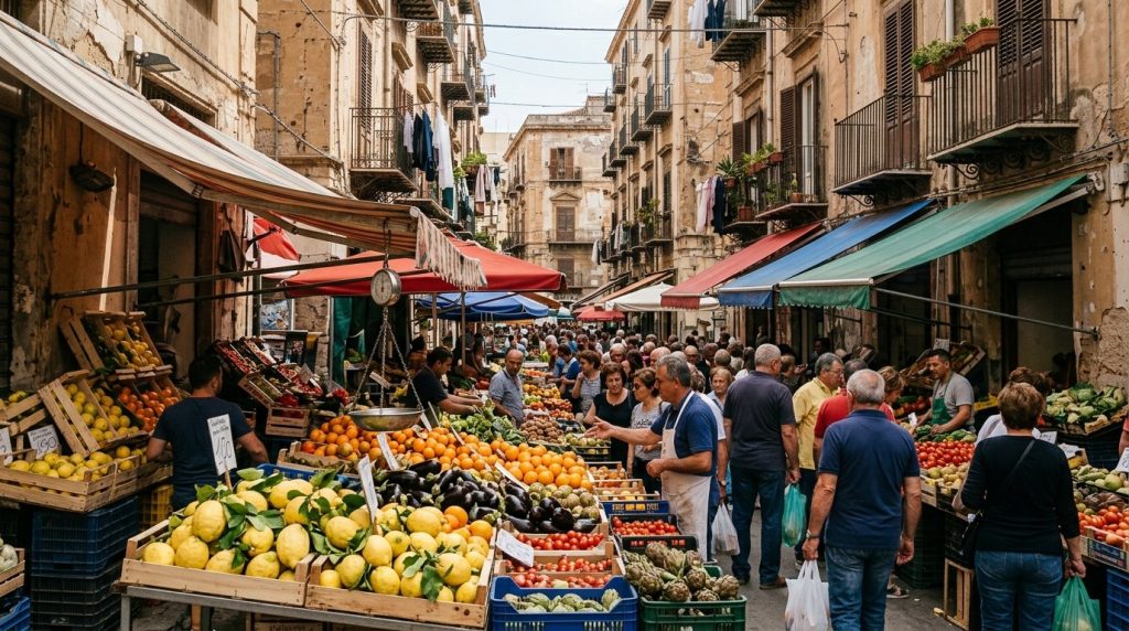 Daytime fruit market under awnings in the Ballaro district, Palermo