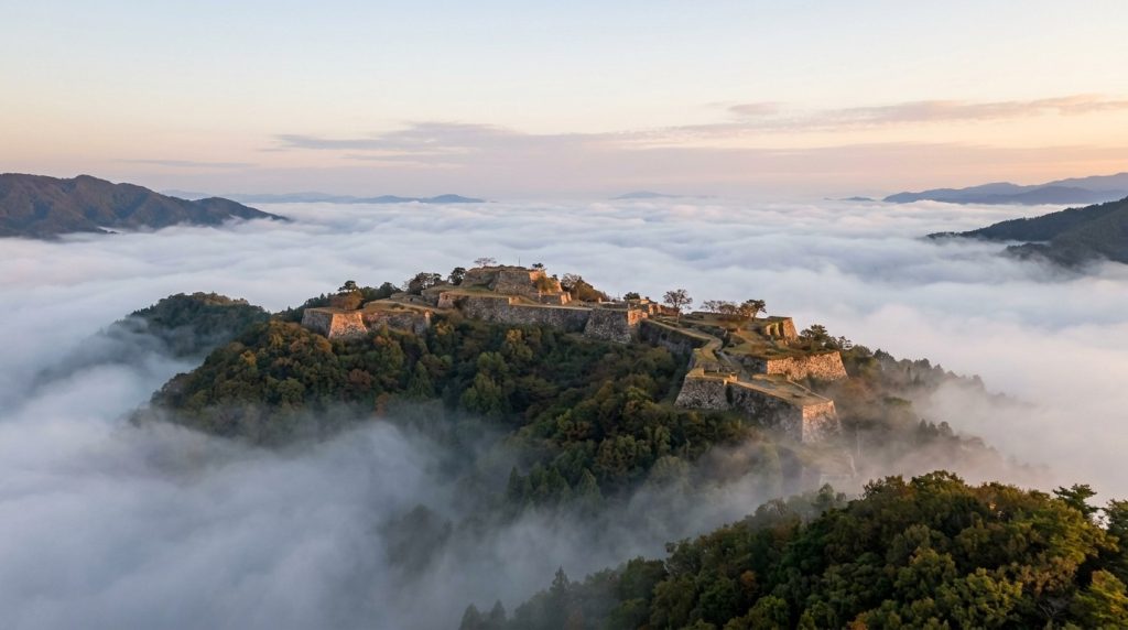 Takeda Castle ruins emerging above clouds near Osaka, Japan