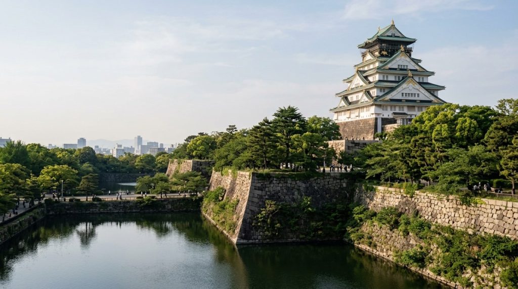 Osaka Castle rising above its park grounds in Osaka, Japan