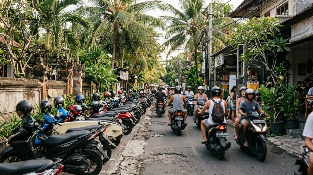 Scooters parked along a narrow street in Canggu, Bali