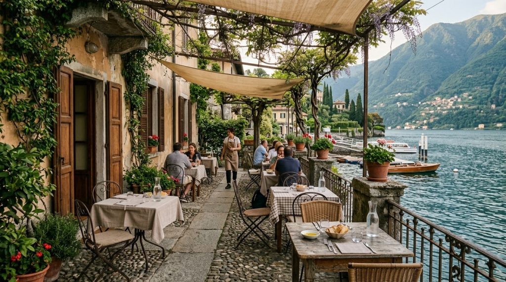 Lakeside trattoria terrace overlooking Lake Como in Lenno