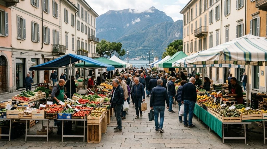 Saturday market stalls on Piazza Cavour in Como, Italy