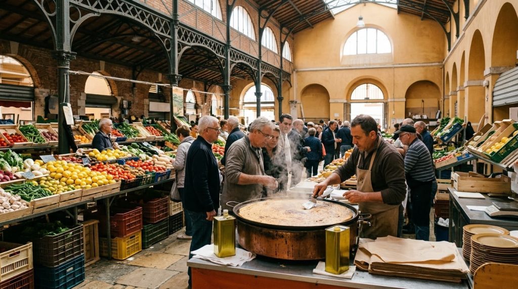 Vendor preparing socca at a covered market stall in Menton