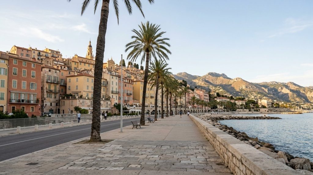 Palm-lined coastal promenade along the waterfront in Menton, France