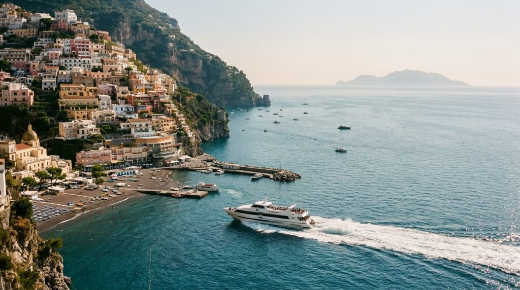 Hydrofoil ferry leaving the harbor of Positano toward Capri