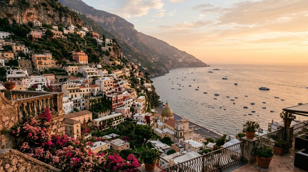 Sunset over colorful cliffside houses in Positano, Italy