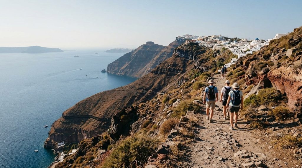 Hikers on the caldera-rim trail between Fira and Oia, Santorini