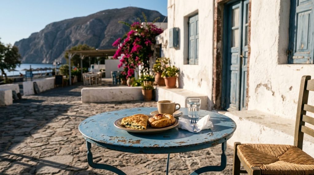 Pastries and coffee on an outdoor table in Perissa, Santorini