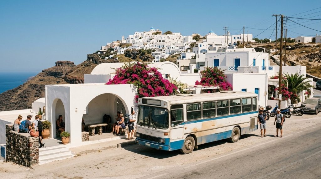 Local bus parked at a small station in Santorini, Greece