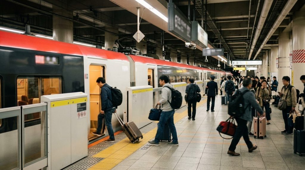 Narita Express train boarding at Narita Airport station in Tokyo