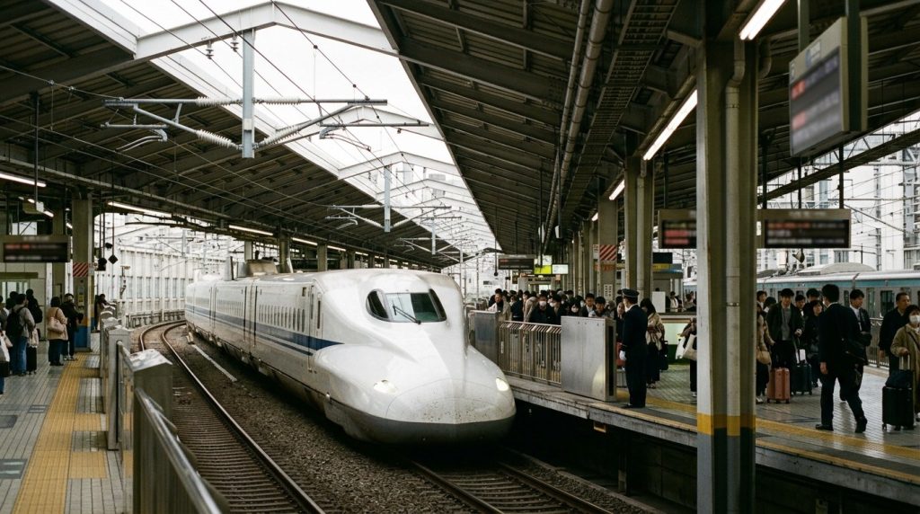 Shinkansen bullet train arriving at a platform in Tokyo Station