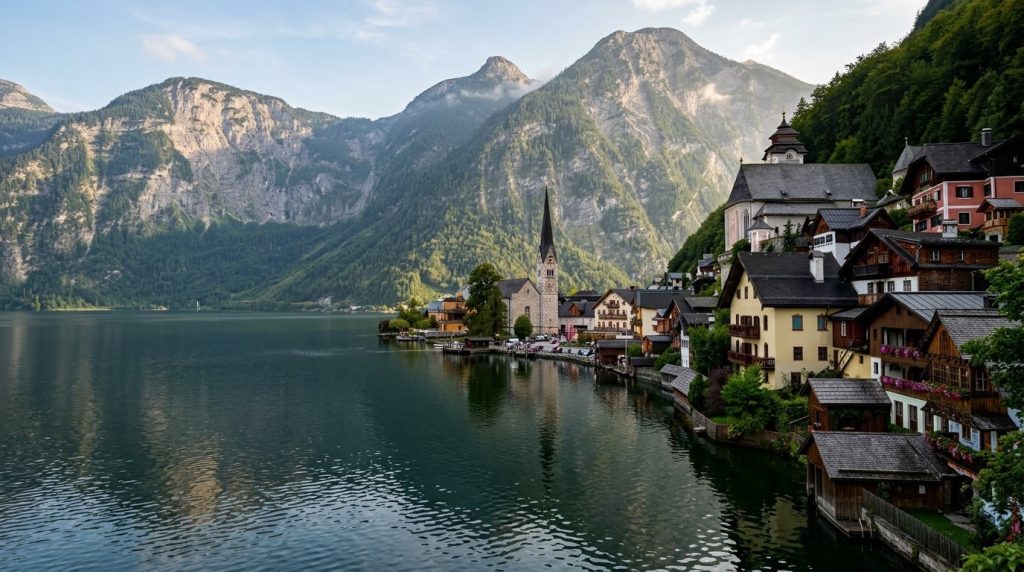 Lakeside view of Hallstatt's pastel houses from Malerwinkel viewpoint