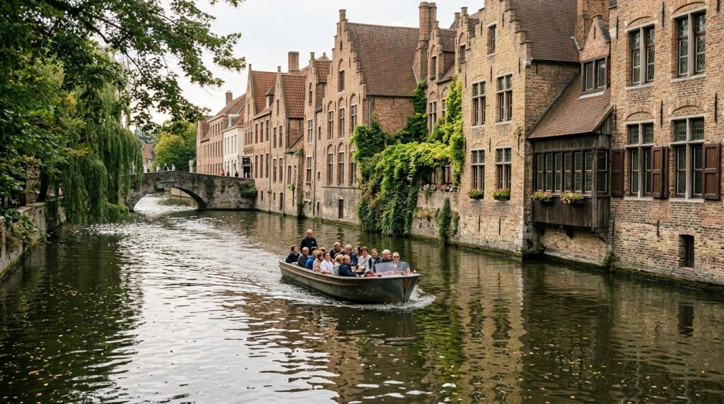 Canal boat gliding past medieval houses in central Bruges